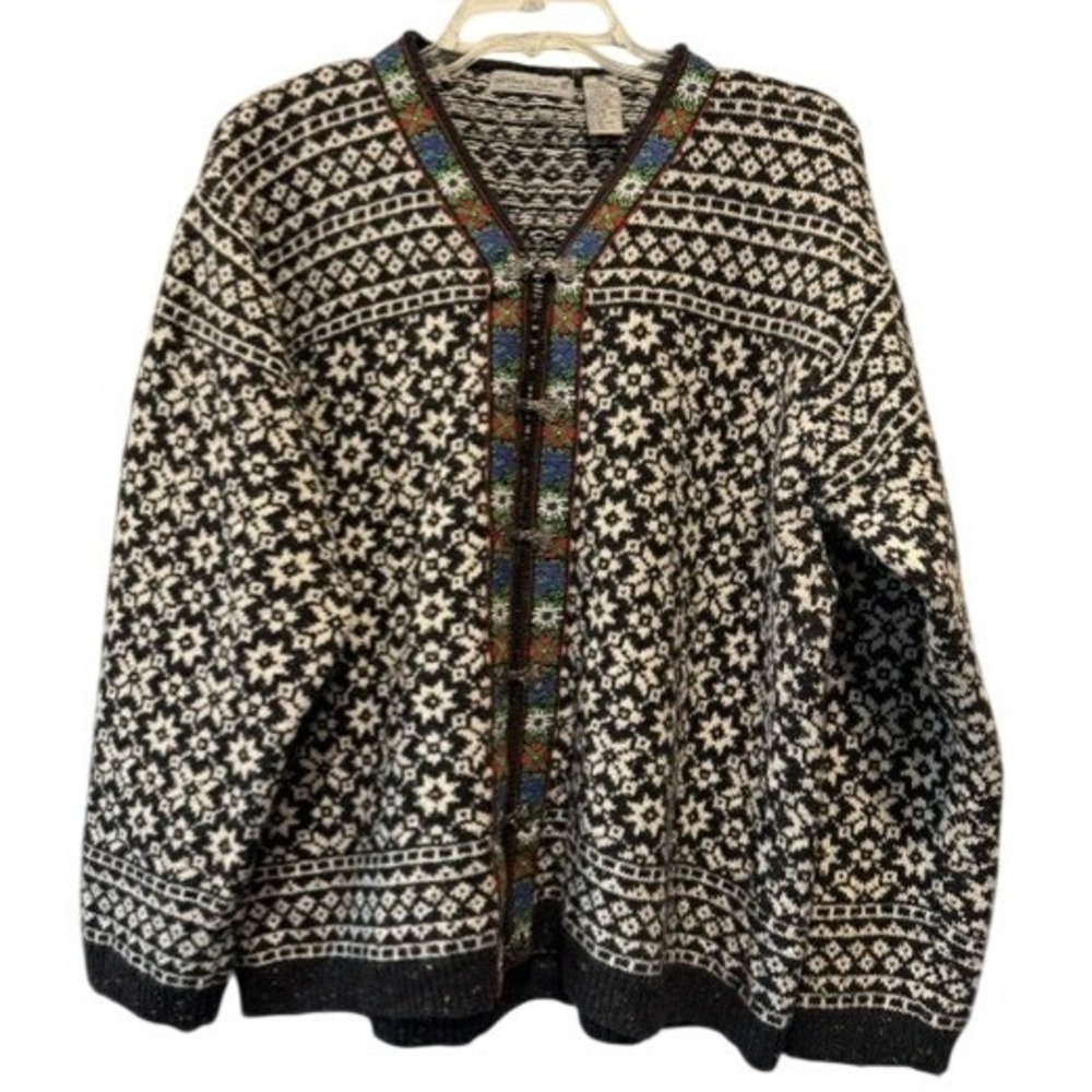 Vintage Northern Isles Womens 1X Wool Fair Isle Nordic Cardigan Floral Trim